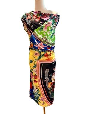 Versace Vibrant Floral and Check Dress in Yellow, Blue, Pink, Green & Red
